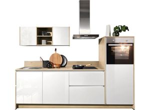 Express Küchen Küchenzeile Sakura, vormontiert, mit Vollauszügen und höhenverstellbaren Füßen, wahlweise mit E-Geräten und Beleuchtung, Breite 268 cm, weiß