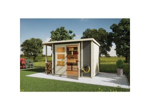 Karibu Gartenhaus 19 mm Multi Pultdach mit Schrank und Anbaudach terragrau inkl. Fußboden & Dacheindeckung