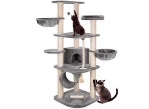 HAPPYPET Kratzbaum für Katzen groß 181 cm hoch - Stabiler Kletterbaum Katzenbaum, dicke Stämme mit 11 cm, Haus & Spieltunnel, große Liegemulden, Spietau mit Kratzrolle Grau