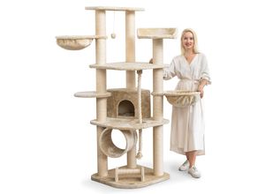 HAPPYPET Kratzbaum für Katzen groß 181 cm hoch - Stabiler Kletterbaum Katzenbaum, dicke Stämme mit 11 cm, Haus & Spieltunnel, große Liegemulden, Spietau mit Kratzrolle Beige