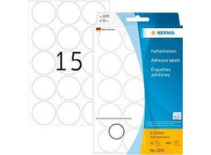 HERMA Klebepunkte 2270, Ø 32 mm, selbstklebend, permanenthaftend, per Hand beschreibbar, 480 Stück auf 32 Blatt, FSC®-Papier, weiß