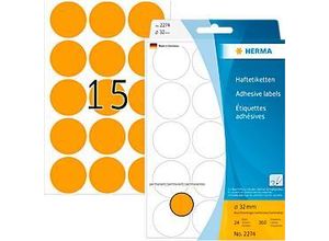 HERMA Klebepunkte 2274, Ø 32 mm, selbstklebend, permanenthaftend, per Hand beschreibbar, 360 Stück auf 24 Blatt, FSC®-Papier, leuchtorange