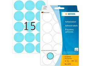 HERMA Klebepunkte 2273, Ø 32 mm, selbstklebend, permanenthaftend, per Hand beschreibbar, 480 Stück auf 32 Blatt, FSC®-Papier, blau