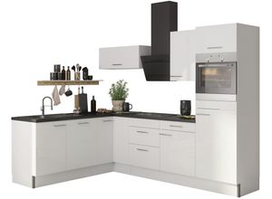 Küche OPTIFIT "Klara" Komplettküchen-Sets Gr. B/T: 270 cm x 60 cm, mit E-Geräten, weiß (küche: lackiert, weiß, front: korpus: arbeitsplatte: black stone) Küchenzeilen mit Elektrogeräte