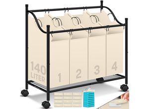KESSER® Wäschekorb Wäschesammler Wäschesortierer mit abnehmbaren Stofftaschen Wäschebox mit 12 Waschhinweisen 360° Rollen mit Bremse Wäsche-Sortiersystem Wäschewagen