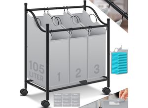 KESSER® Wäschekorb Wäschesammler Wäschesortierer mit abnehmbaren Stofftaschen Wäschebox mit 12 Waschhinweisen 360° Rollen mit Bremse Wäsche-Sortiersystem Wäschewagen