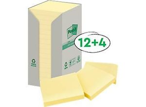 Post-it® Recycling Notes 654-1T, B 76 x H 76 mm, 100 % Recycling-Papier, gelb, 16 Blöcke á 100 Blatt