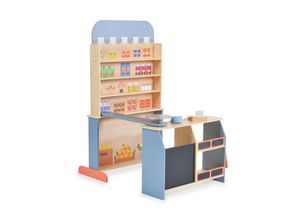 Moni Kinder Kaufladen 4426 Holz, Supermarkt, Tafel, Tasche, Kasse mit Scanner blau