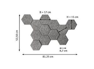 Akustik-Wandelemente, 6-eckig, 12 Stk., Schallabsorberklasse C, 3M Klebepad, B 170 x H 150 mm, Polyester, grau-melierte Filzoptik