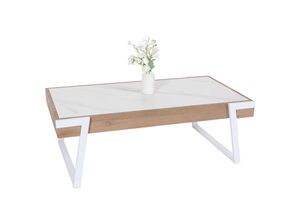 MCW Couchtisch MWC-L89, Sofatisch Wohnzimmertisch, Eisen 43x120x64cm Sinterstein Marmor-Optik weiß Holz natur