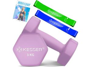 KESSER® Hanteln Hantelset 2er Set 2kg - 5kg farbig, Kurzhanteln Neopren, Hexagon, Krafttraining, Workout, Fitnesstraining, für Zuhause Mit Übungsheft, 2x Fitnessbänder