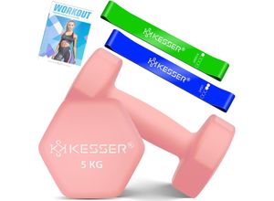 KESSER® Hanteln Hantelset 2er Set 2kg - 5kg farbig, Kurzhanteln Neopren, Hexagon, Krafttraining, Workout, Fitnesstraining, für Zuhause Mit Übungsheft, 2x Fitnessbänder