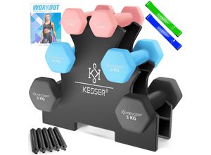 KESSER® Hantel-Set, 3 Paar, 1kg - 5kg, 12kg oder 18kg kurzhanteln mit Ständer Aufbewahrung, Fitnessstudio, Krafttraining, Hantelset rutschfeste Neopren, Mit Übungsheft, 2x Fitnessbänder