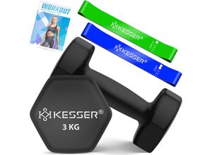 KESSER® Hanteln Hantelset 2er Set 2kg - 5kg farbig, Kurzhanteln Neopren, Hexagon, Krafttraining, Workout, Fitnesstraining, für Zuhause Mit Übungsheft, 2x Fitnessbänder