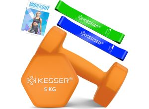 KESSER® Hanteln Hantelset 2er Set 2kg - 5kg farbig, Kurzhanteln Neopren, Hexagon, Krafttraining, Workout, Fitnesstraining, für Zuhause Mit Übungsheft, 2x Fitnessbänder