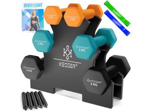 KESSER® Hantel-Set, 3 Paar, 1kg - 5kg, 12kg oder 18kg kurzhanteln mit Ständer Aufbewahrung, Fitnessstudio, Krafttraining, Hantelset rutschfeste Neopren, Mit Übungsheft, 2x Fitnessbänder