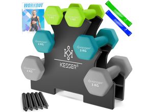 KESSER® Hantel-Set, 3 Paar, 1kg - 5kg, 12kg oder 18kg kurzhanteln mit Ständer Aufbewahrung, Fitnessstudio, Krafttraining, Hantelset rutschfeste Neopren, Mit Übungsheft, 2x Fitnessbänder