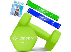 KESSER® Hanteln Hantelset 2er Set 2kg - 5kg farbig, Kurzhanteln Neopren, Hexagon, Krafttraining, Workout, Fitnesstraining, für Zuhause Mit Übungsheft, 2x Fitnessbänder