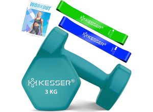 KESSER® Hanteln Hantelset 2er Set 2kg - 5kg farbig, Kurzhanteln Neopren, Hexagon, Krafttraining, Workout, Fitnesstraining, für Zuhause Mit Übungsheft, 2x Fitnessbänder