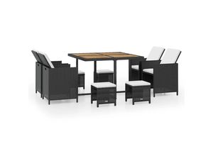 Gartenmöbel 19tlg. Dining-Set mit Holztischplatte inkl. Polsterauflagen aus Poly-Rattan, schwarz-creme