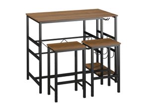 HOMCOM Bartisch-Set, Stehtisch mit 2 Barhockern, 3-teiliges Tischset Küchentresen mit Flaschenhalterung Spanplatte, Stahl, Natur+Schwarz, 108 x 60x 95H cm