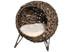 PawHut Katzenhaus aus Rattan mit Kissen Katzenschlafplatz Katzenhöhle mit erhöhten Füßen Braun Ø52 x 58 cm