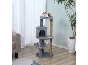 PawHut Katzenbaum 4-Stock Katzenhöhle Katzenhaus mit Spielbällen Sitzstange Sisalsäule und Kratzbrett groß stabil luxuriös Sisal Plüsch Grau 48x48x104 cm