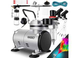 MASKO® Airbrush-Set mit Kompressor 4 bar inkl. Airbrush-Pistolen Lackierpistole Komplett-Set Tattoo Kunst Malerei Nadeln & Düsen im Zubehör Multifunktions Dual-Set mit Manomter & Luftfilter