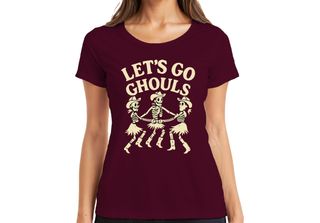 Maglietta Let's Go Ghouls Horror Skeleton Cowboy Western Dance Girls Group Ladi…