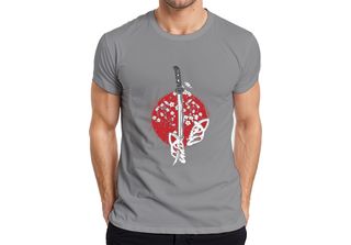 Maglietta Katana Samurai Kitsune Mask Sakura Cherry Blossom Japan Sun Uomo, Gri…