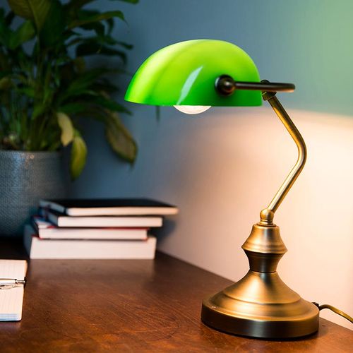 Klassieke tafellamp/notarislamp brons met groen glas - Banker