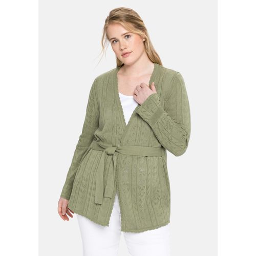 Strickjacke im Ajourstrick, mit Bindegürtel, hellkhaki, Gr.56/58