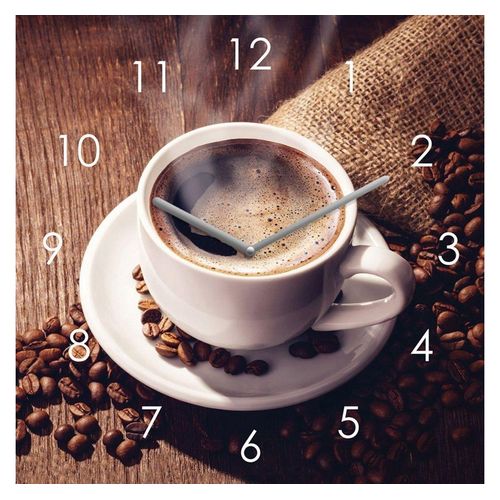 Levandeo® Wanduhr (Wanduhr Glas 20x20cm Kaffee Tasse Coffee Uhr Glasbild Küche Cafe)