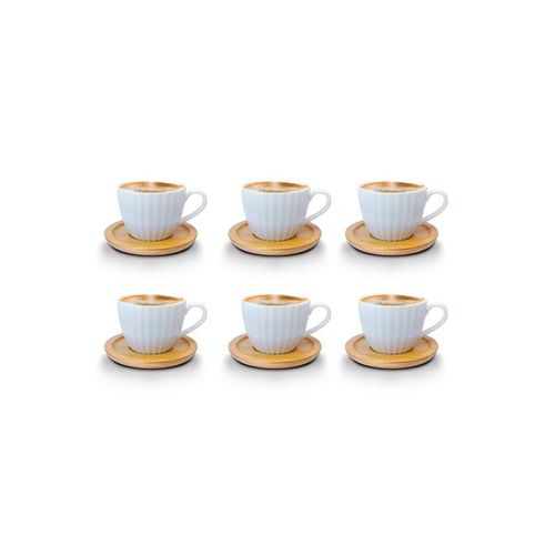 Fiora Kaffeeservice Kaffeetassen Espressotassen Cappuccinotassen mit untersetzer Porzellan 6 Tassen + 6 Untersetzer Holz Optik Weisse Kaffeetassen Set (12-tlg)