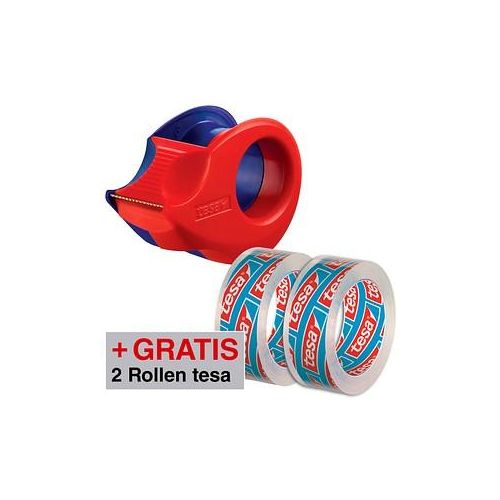 AKTION: tesa Klebefilmabroller Mini-Abroller rot/blau + GRATIS 2 Rollen tesafilm Kristall-Klar, 10,0 m x 15,0 mm (LxB)