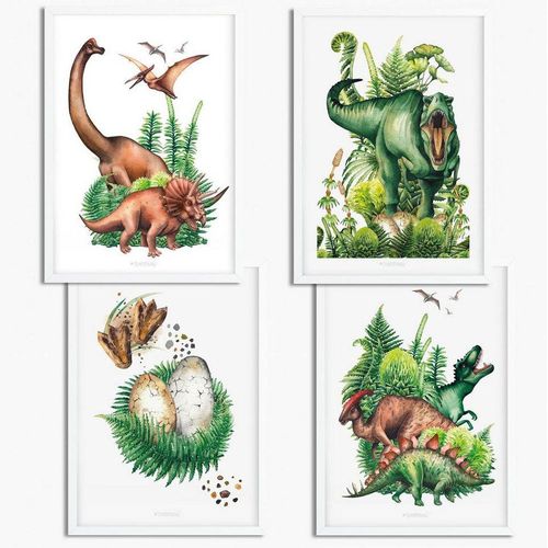 Sunnywall Poster Poster Kinderzimmer Dinosaurier Real (4er Set), Dinosaurier (Set, 4 St), bunt|grün