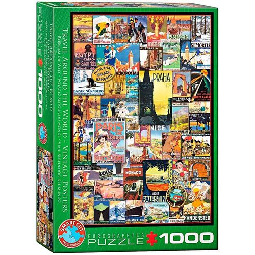 Puzzle Reise um die Welt, Vintage-Reiseplakate, 1000 Teile