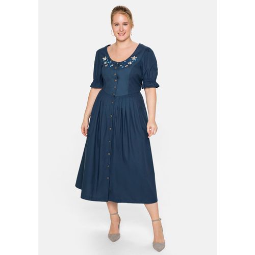 Große Größen: Trachtenkleid in Leinen-Optik, mit Blütenstickerei, blau, Gr.40