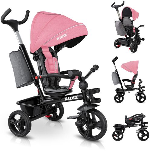 KIDIZ® Dreirad 5in1 Kinderdreirad mit Schubstange Lenksystem Stange ab 1 Jahr vorwärts und Rückwärtsfahrt Jogger , Korb Tasche Getränkehalter Sonnendach Gummiräder, Buggy Fahrrad Baby Klappbar