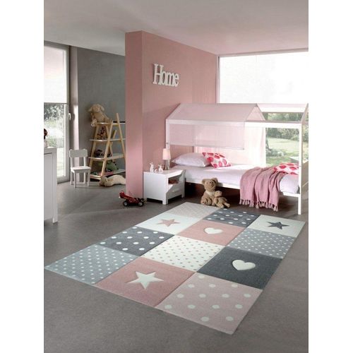 Kinderteppich Kinderteppich Spielteppich Babyteppich Mädchen mit Herz Stern rosa creme grau