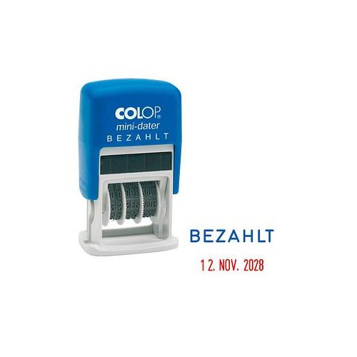 COLOP Datumstempel mit Text "Bezahlt" Mini-Dater S 160/L selbstfärbend blau rot