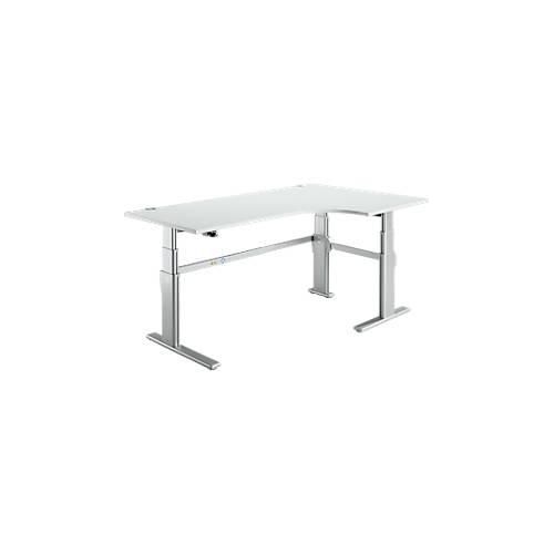 Winkelschreibtisch Komfort, elektrisch höhenverstellbar, 90° Winkel rechts, C-Fuß, B 2000 x T 1200/800 x H 655-1305 mm, lichtgrau/weißaluminium