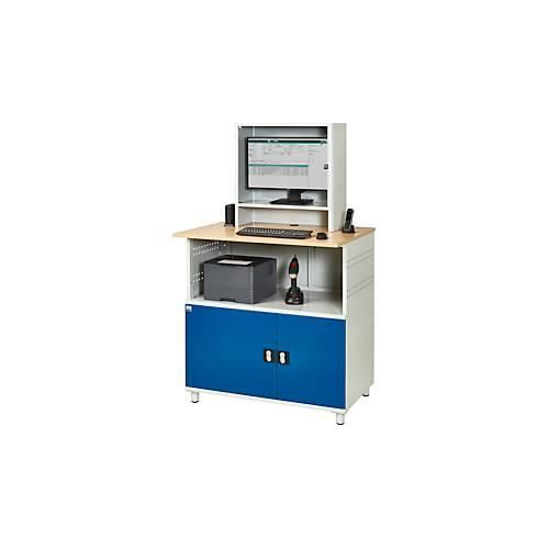 Computer-Station Typ 1023, Monitorfach bis 26“, Ablagefach, Arbeitsplatte, Unterschrank, bis 200 kg, B 1100 x T 790 x H 1840 mm, Stahl/Holz, stationär