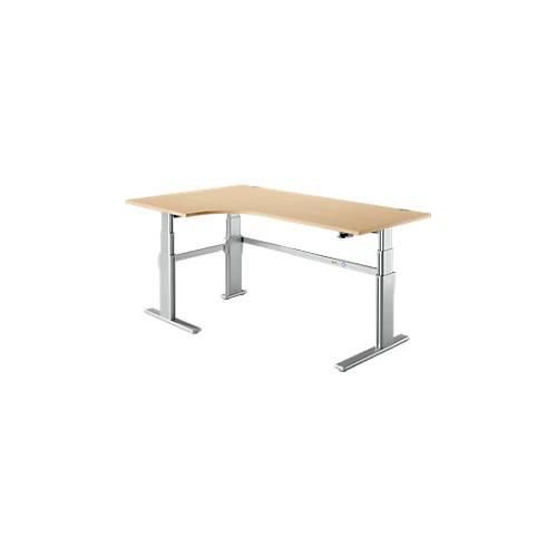 Winkelschreibtisch Komfort, elektrisch höhenverstellbar, 90° Winkel, Ansatz links, C-Fuß, B 2000 x T 1200,00/800 x H 655-1305 mm, Ahorn/weißaluminium