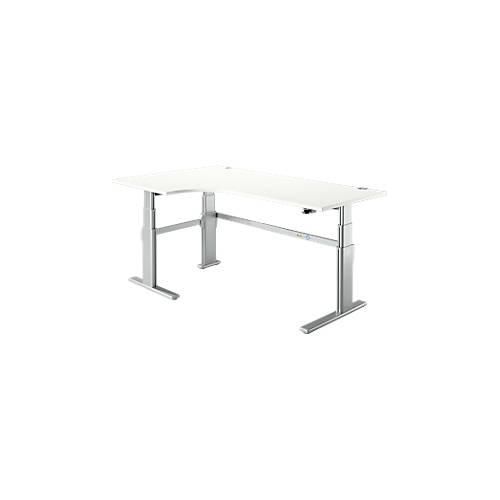 Winkelschreibtisch Komfort, elektrisch höhenverstellbar, 90° Winkel, Ansatz links, C-Fuß, B 2000 x T 1200,00/800 x H 655-1305 mm, weiß/weißaluminium