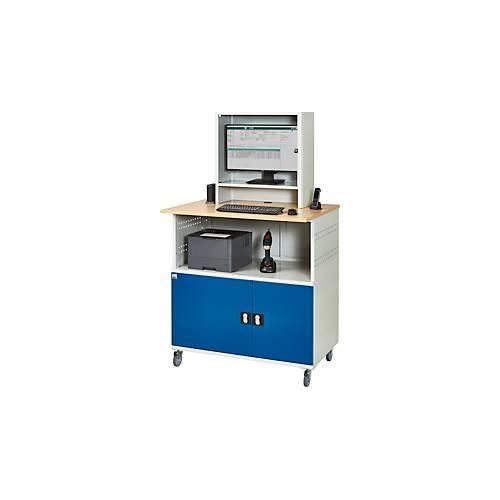 Computer-Station Typ 1023, Monitorfach bis 26“, Ablagefach, Arbeitsplatte, Unterschrank, bis 200 kg, B 1100 x T 790 x H 1890 mm, Stahl/Holz, mobil