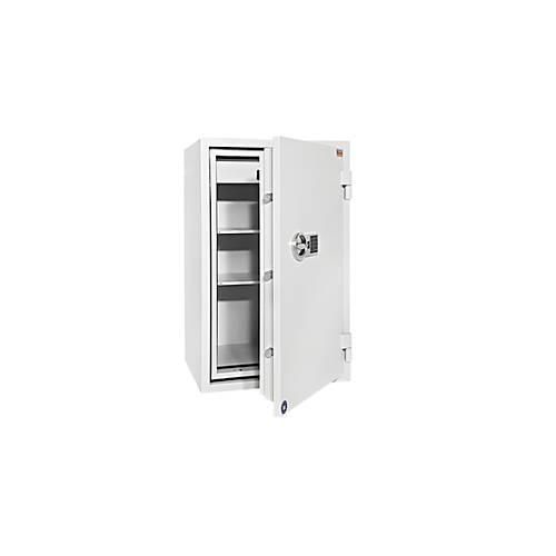 Tresor FRS 93, Feuerwiderstand LFS 60P nach EN 15659, Sicherheitsstufe S 2, Elektronikschloss, 2 Fachböden & 1 ausziehbare Schublade, B 565 x T 450 x H 972 mm, lichtgrau RAL 7035