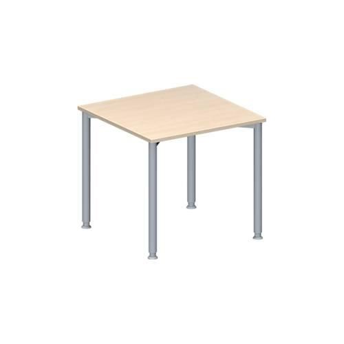 Schäfer Shop Genius Konferenztisch MODENA FLEX, Quadrat, 4-Fuß Rundrohr, B 800 x T 800 x H 720-840 mm, Ahorn/weißaluminium RAL 9006