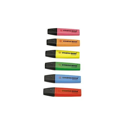 Textmarker STABILO® BOSS Original, Keilspitze, lichtbeständig, schnell trocknend, farbsortiert, 6 Stück