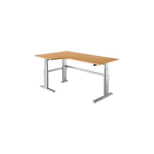 Winkelschreibtisch Komfort, elektrisch höhenverstellbar, 90° Winkel, Ansatz links, C-Fuß, B 2000 x T 1200,00/800 x H 655-1305 mm, Buche/weißaluminium